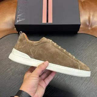 Zegna Brown White Suede Upper Low-Top Silhouette Sneakers
