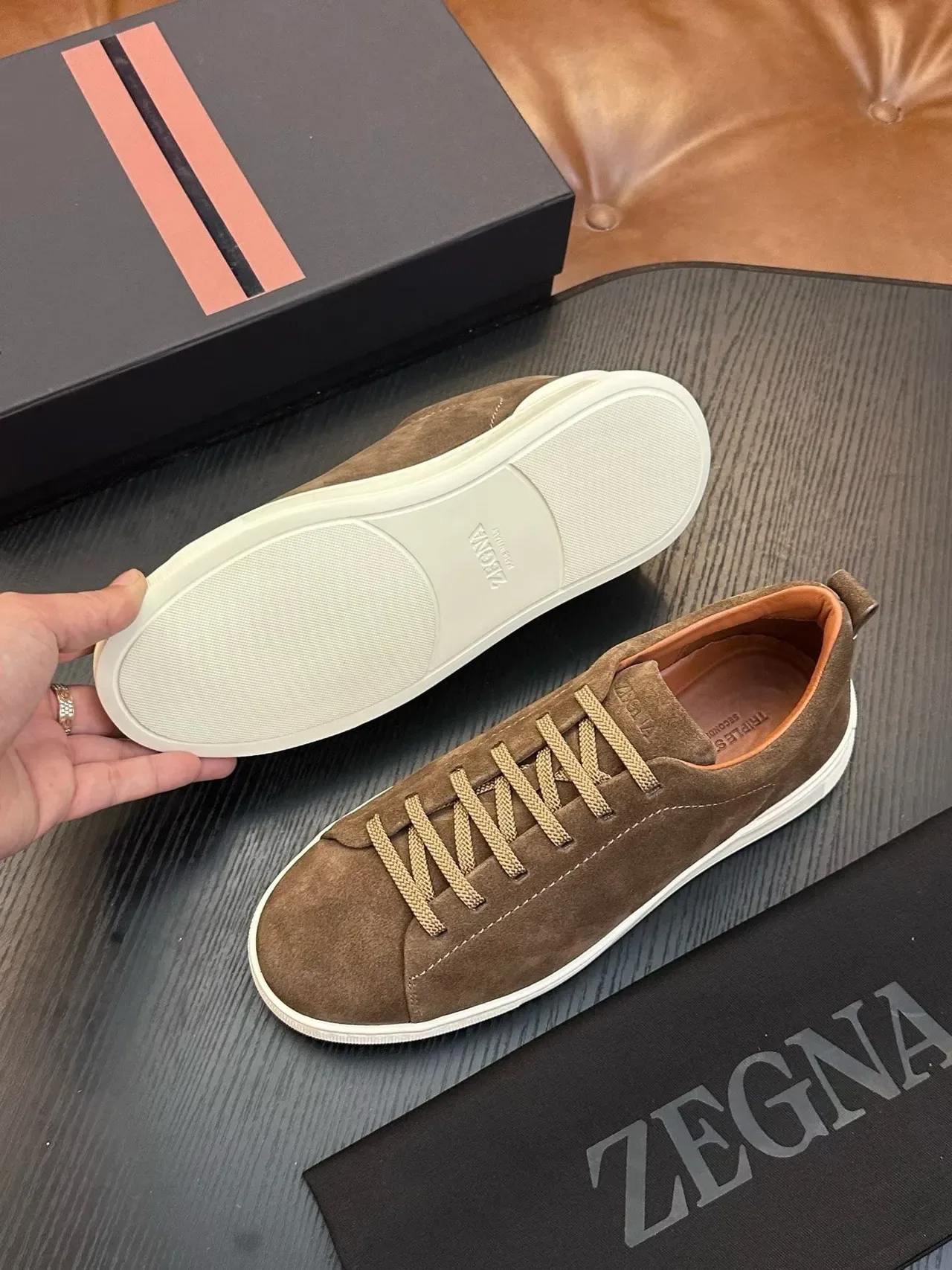 Zegna Marron Blanc Daim Supérieur Silhouette Basse Sneakers 2