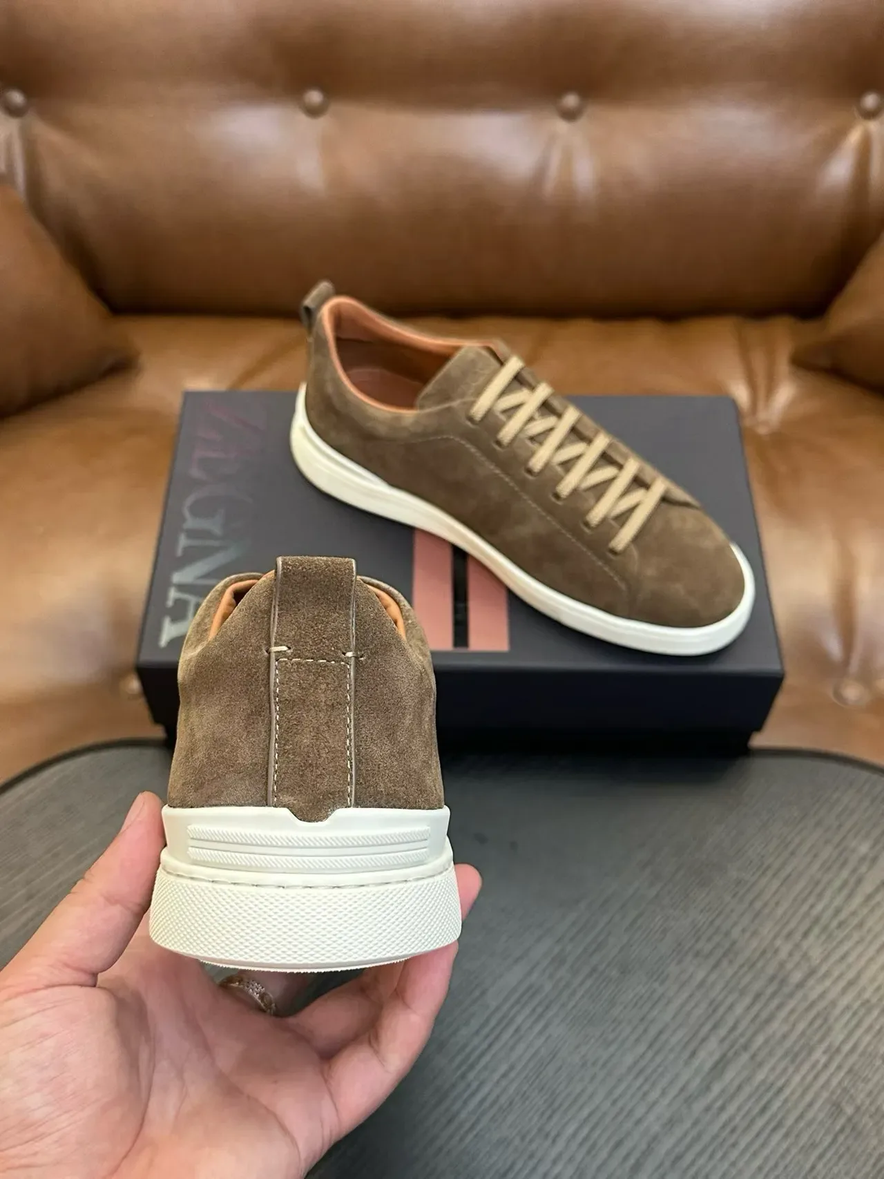 Zegna Marron Blanc Daim Supérieur Silhouette Basse Sneakers 3