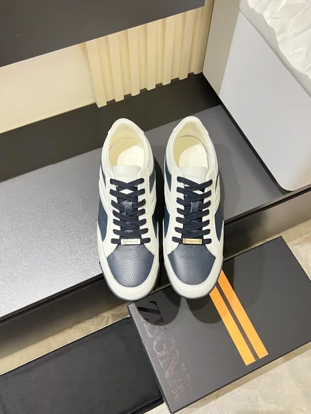 Zegna 双色皮革 海军蓝与白色生活方式运动鞋 5