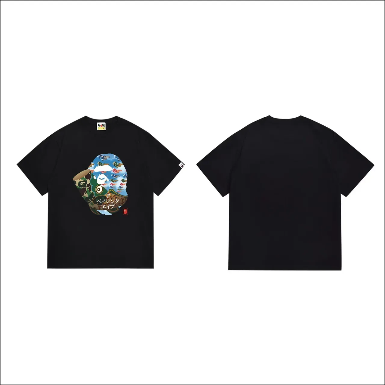 Camiseta preta A Bathing Ape estampa gráfica camuflagem Koinobori 4