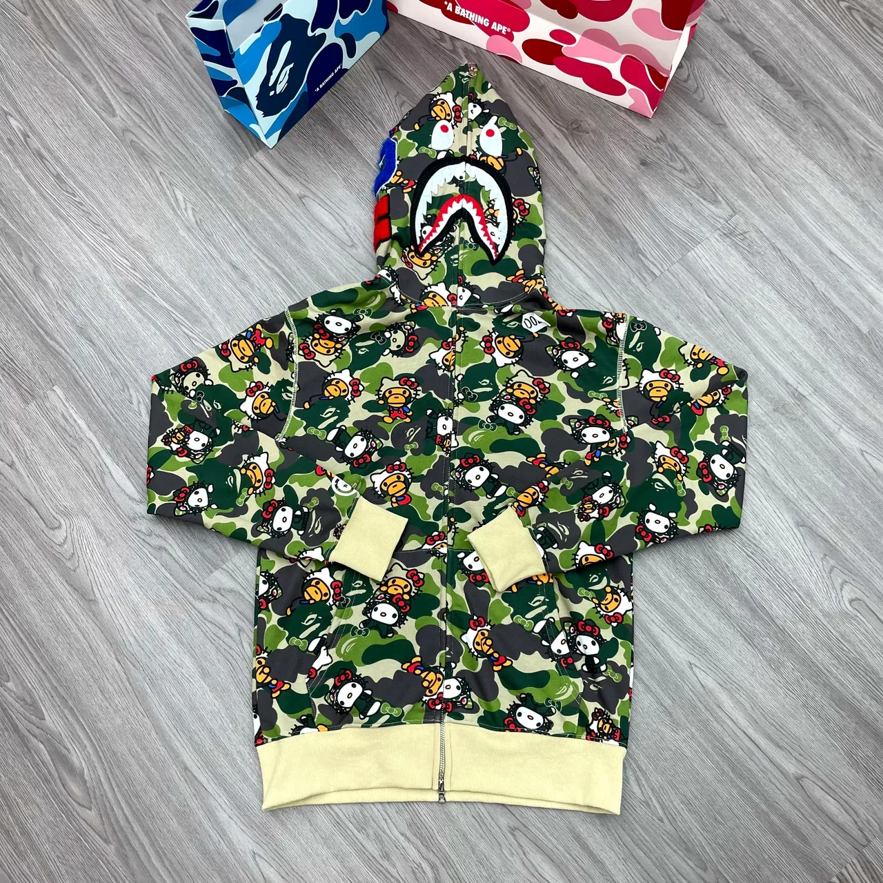 Bathing Ape Shark Moletom com Capuz e Zíper Verde Militar Bege 5