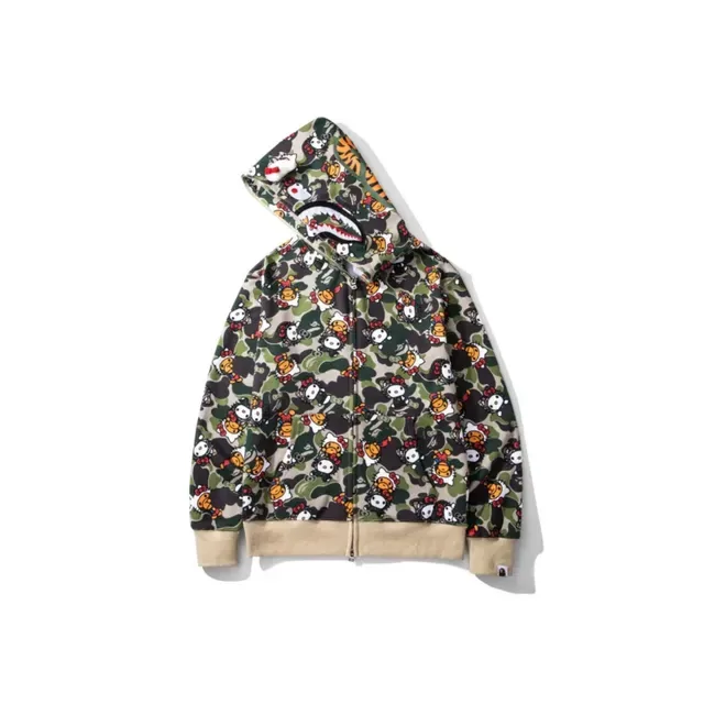 Bathing Ape Shark Moletom com Capuz e Zíper Verde Militar Bege 7