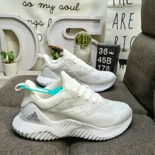 Adidas Alphabounce أبيض وأزرق نسيج علوي موجات منحوتة طبقة وسطية أحذية أسلوب حياة