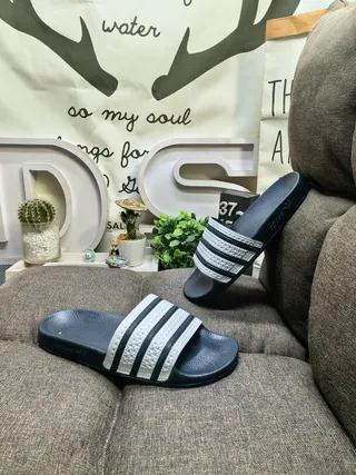 Adidas Black White Molded Rubber Footbed Three-Stripe Strap Detail Slippers 5