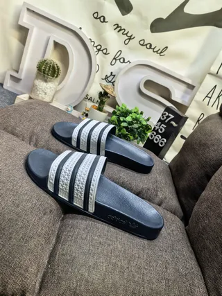 Adidas Black White Molded Rubber Footbed Three-Stripe Strap Detail Slippers 6