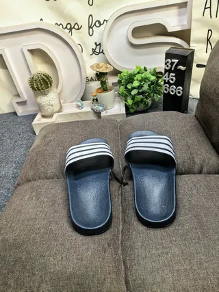 Adidas Black White Molded Rubber Footbed Three-Stripe Strap Detail Slippers 7