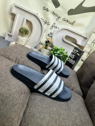 Adidas Black White Molded Rubber Footbed Three-Stripe Strap Detail Slippers 8