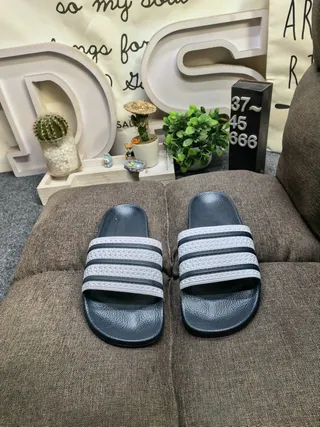 Adidas Black White Molded Rubber Footbed Three-Stripe Strap Detail Slippers 9