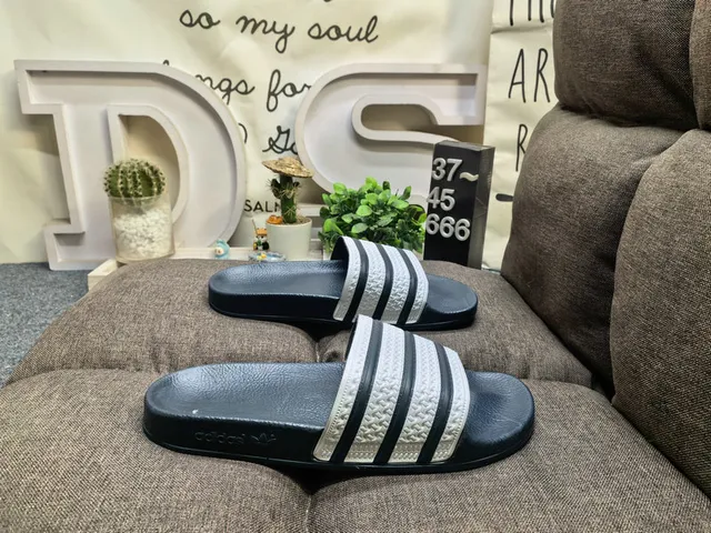 Adidas Black White Molded Rubber Footbed Three-Stripe Strap Detail Slippers 10