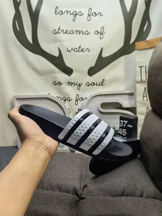Adidas Black White Molded Rubber Footbed Three-Stripe Strap Detail Slippers 13