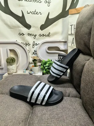 Adidas Black White Molded Rubber Footbed Three-Stripe Strap Detail Slippers 14