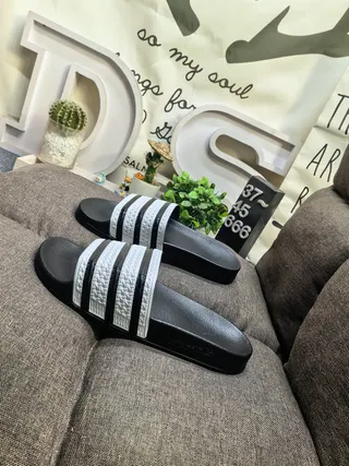 Adidas Black White Molded Rubber Footbed Three-Stripe Strap Detail Slippers 15