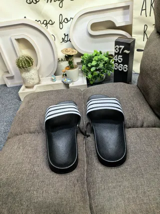 Adidas Black White Molded Rubber Footbed Three-Stripe Strap Detail Slippers 16