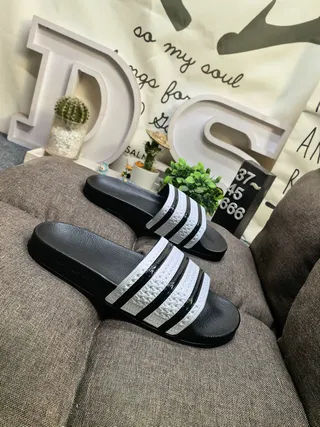Adidas Black White Molded Rubber Footbed Three-Stripe Strap Detail Slippers 17
