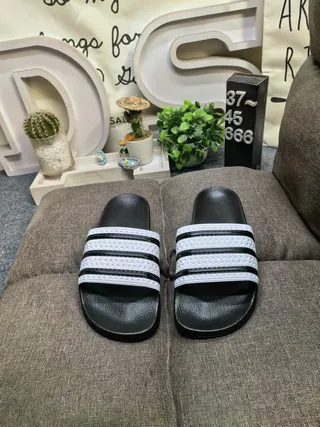 Adidas Black White Molded Rubber Footbed Three-Stripe Strap Detail Slippers 18