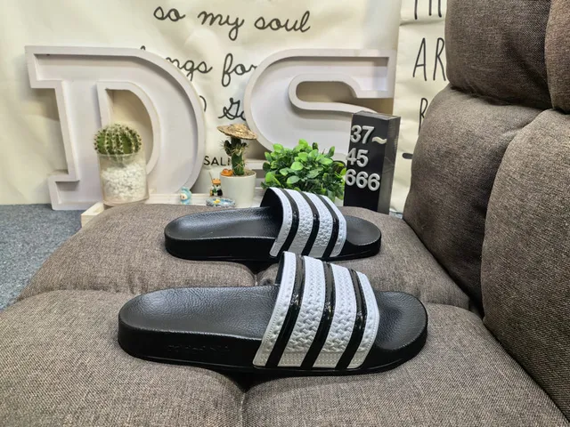 Adidas Black White Molded Rubber Footbed Three-Stripe Strap Detail Slippers 19