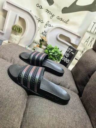 Adidas Black White Molded Rubber Footbed Three-Stripe Strap Detail Slippers 24