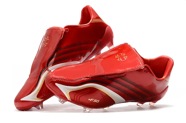 Adidas F50 Rojo Blanco Superior Sintético Brillo Cordones Asimétricos Campo Firme Zapatos de Fútbol 12