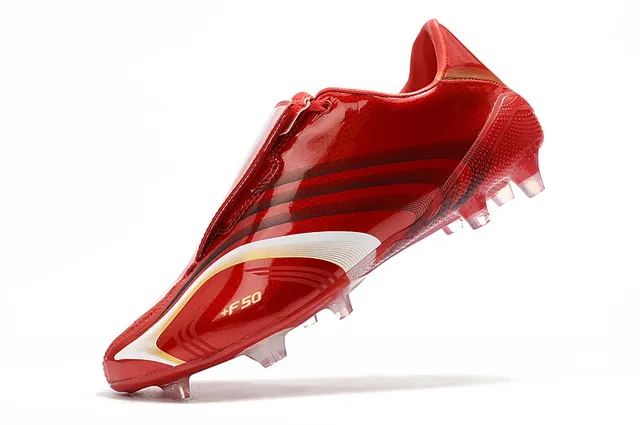 Adidas F50 Rojo Blanco Superior Sintético Brillo Cordones Asimétricos Campo Firme Zapatos de Fútbol 14