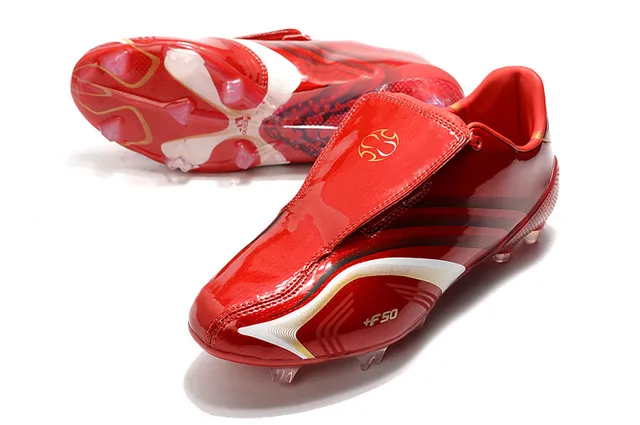 Adidas F50 Rojo Blanco Superior Sintético Brillo Cordones Asimétricos Campo Firme Zapatos de Fútbol 16