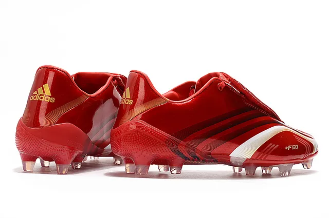 Adidas F50 Rojo Blanco Superior Sintético Brillo Cordones Asimétricos Campo Firme Zapatos de Fútbol 17