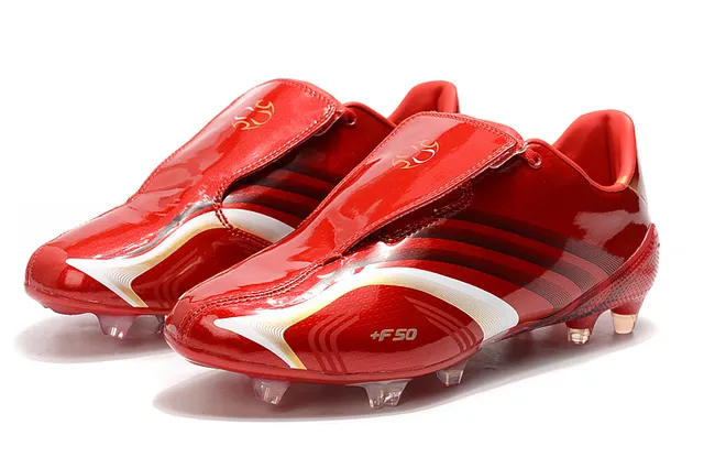 Adidas F50 Rojo Blanco Superior Sintético Brillo Cordones Asimétricos Campo Firme Zapatos de Fútbol 18