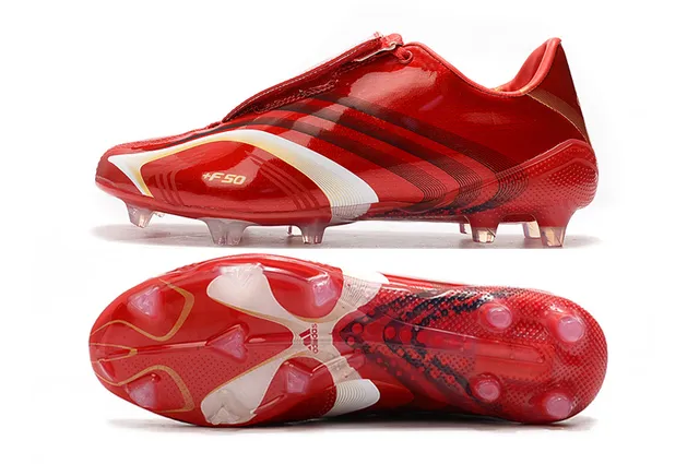 Adidas F50 Rojo Blanco Superior Sintético Brillo Cordones Asimétricos Campo Firme Zapatos de Fútbol 19