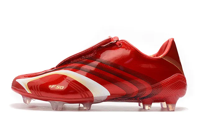 Adidas F50 Rojo Blanco Superior Sintético Brillo Cordones Asimétricos Campo Firme Zapatos de Fútbol 20