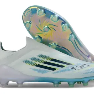Adidas F50 सफेद नीला सॉक फिट अपर इरिडेसेंट सोल फर्म ग्राउंड फुटबॉल जूते