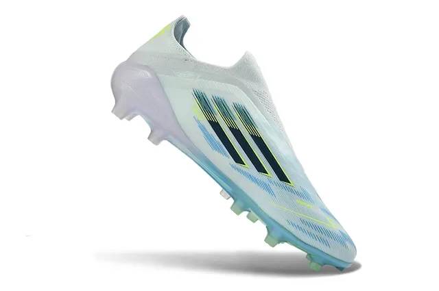 Adidas F50 Blanc Bleu Upper de chaussette Semelle iridescente Sol ferme Chaussures de football 2