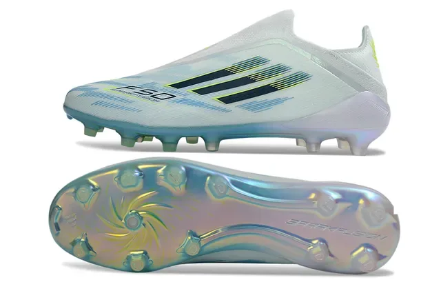Adidas F50 Blanc Bleu Upper de chaussette Semelle iridescente Sol ferme Chaussures de football 6