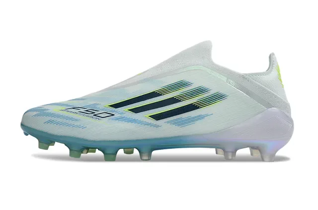 Adidas F50 Blanc Bleu Upper de chaussette Semelle iridescente Sol ferme Chaussures de football 7