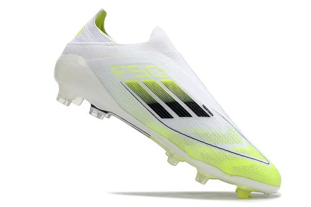 Adidas F50 Branco Amarelo Baixo Corte Ajuste Meia Superior Listras Neón Gradiente Campo Firme Sapatos de Futebol 2