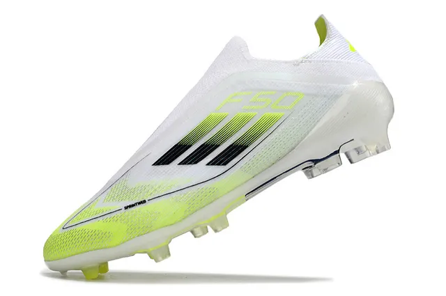 Adidas F50 Branco Amarelo Baixo Corte Ajuste Meia Superior Listras Neón Gradiente Campo Firme Sapatos de Futebol 3
