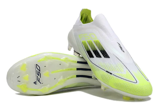 Adidas F50 Branco Amarelo Baixo Corte Ajuste Meia Superior Listras Neón Gradiente Campo Firme Sapatos de Futebol 4