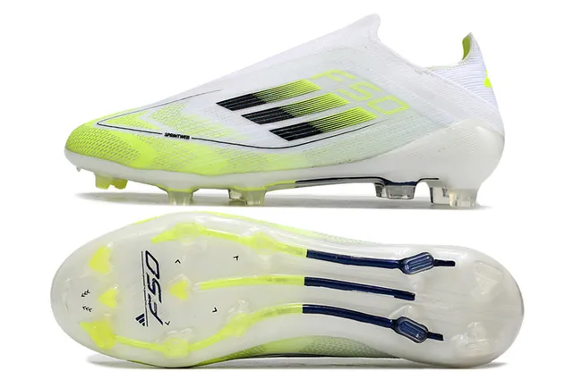 Adidas F50 Branco Amarelo Baixo Corte Ajuste Meia Superior Listras Neón Gradiente Campo Firme Sapatos de Futebol 6
