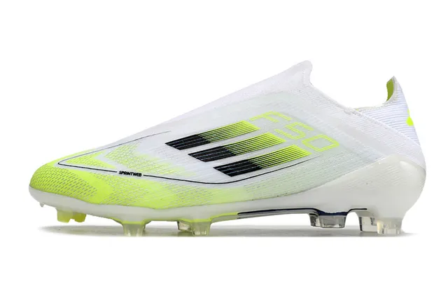 Adidas F50 Branco Amarelo Baixo Corte Ajuste Meia Superior Listras Neón Gradiente Campo Firme Sapatos de Futebol 7