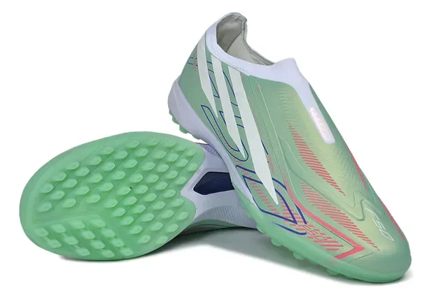 Adidas Chaussures de football turf vert blanc col sans lacets overlay synthétique cage 3
