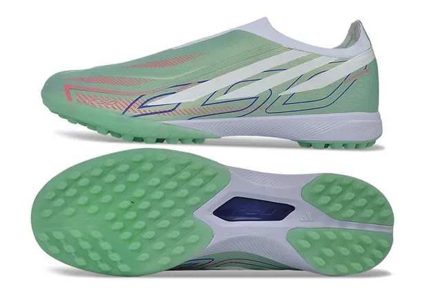 Adidas Chaussures de football turf vert blanc col sans lacets overlay synthétique cage 5