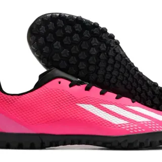 Adidas Tênis de futebol turf rosa e preto com cano baixo em malha sintética três listras brancas