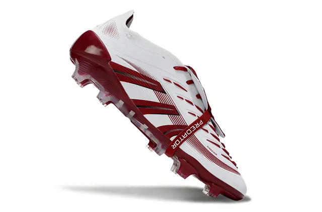 Adidas Predator সাদা বার্গন্ডি অ্যাসিমেট্রিকাল লেস স্ট্র্যাপ তিন স্ট্রাইপ ওভারলে Firm-Ground সকার জুতো 2