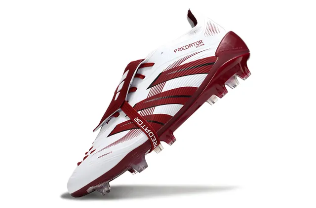 Adidas Predator সাদা বার্গন্ডি অ্যাসিমেট্রিকাল লেস স্ট্র্যাপ তিন স্ট্রাইপ ওভারলে Firm-Ground সকার জুতো 3