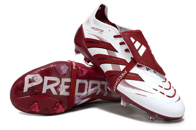 Adidas Predator সাদা বার্গন্ডি অ্যাসিমেট্রিকাল লেস স্ট্র্যাপ তিন স্ট্রাইপ ওভারলে Firm-Ground সকার জুতো 4
