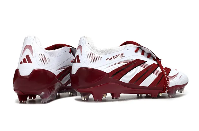 Adidas Predator সাদা বার্গন্ডি অ্যাসিমেট্রিকাল লেস স্ট্র্যাপ তিন স্ট্রাইপ ওভারলে Firm-Ground সকার জুতো 5