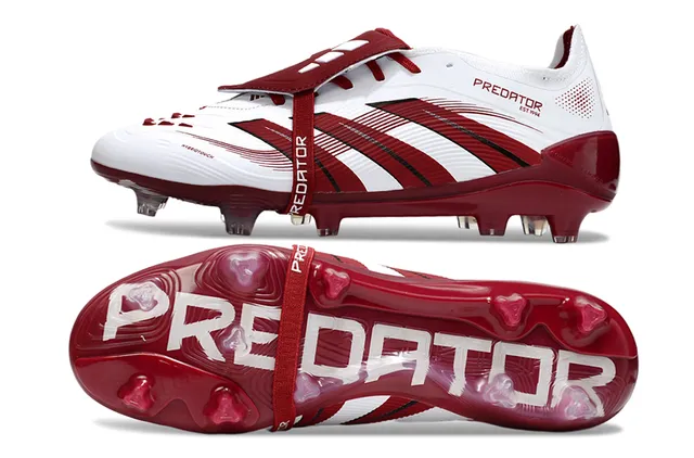 Adidas Predator সাদা বার্গন্ডি অ্যাসিমেট্রিকাল লেস স্ট্র্যাপ তিন স্ট্রাইপ ওভারলে Firm-Ground সকার জুতো 6