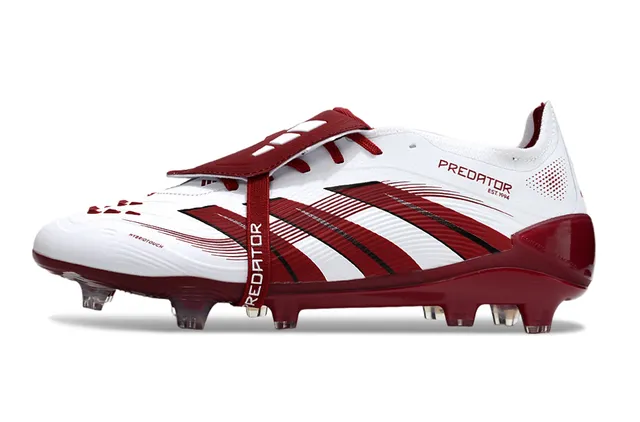 Adidas Predator সাদা বার্গন্ডি অ্যাসিমেট্রিকাল লেস স্ট্র্যাপ তিন স্ট্রাইপ ওভারলে Firm-Ground সকার জুতো 7