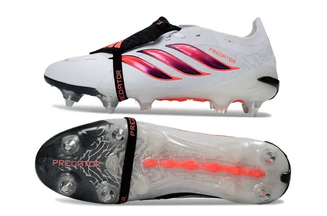 أحذية كرة القدم Adidas Predator بيضاء وردية في الجزء العلوي خطوط قزحية أرضية صلبة 6