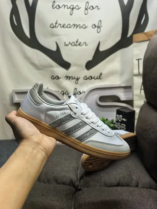 Adidas Samba رمادي فضي منخفضة جلد علوي حذاء أسلوب حياة 5
