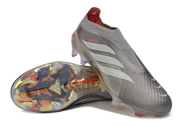Adidas Sapatos de futebol com gola de ajuste de meia vermelho prateado sola iridescente holográfica para gramado firme 3